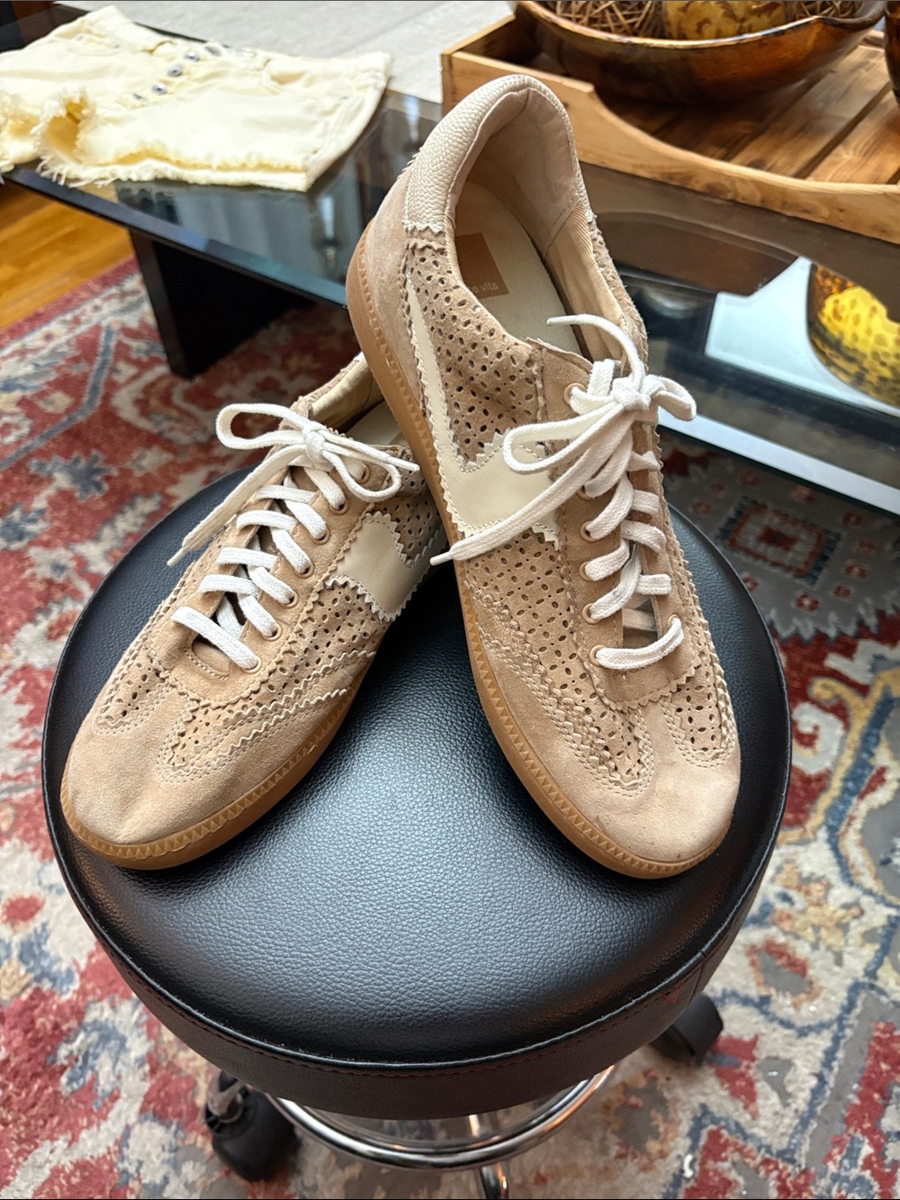 Dolce Vita Beige Suede Perforated Lace-Up Sneakers
